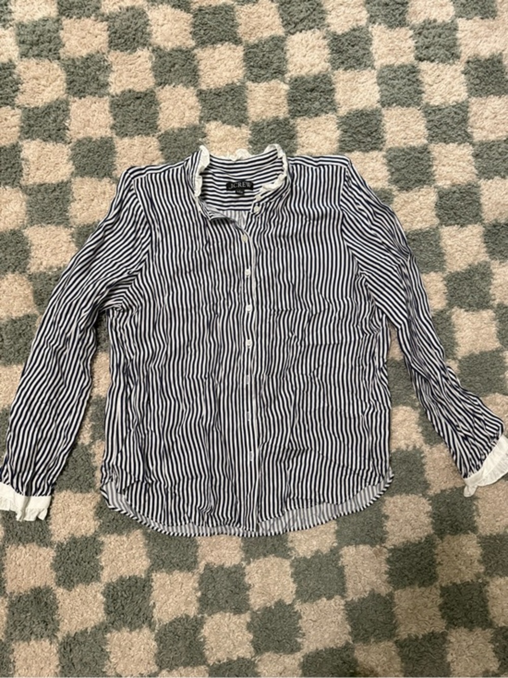 J. Crew Women’s Navy and White Vertical Stripe Button Down Shirt Ruffle Trim Lg